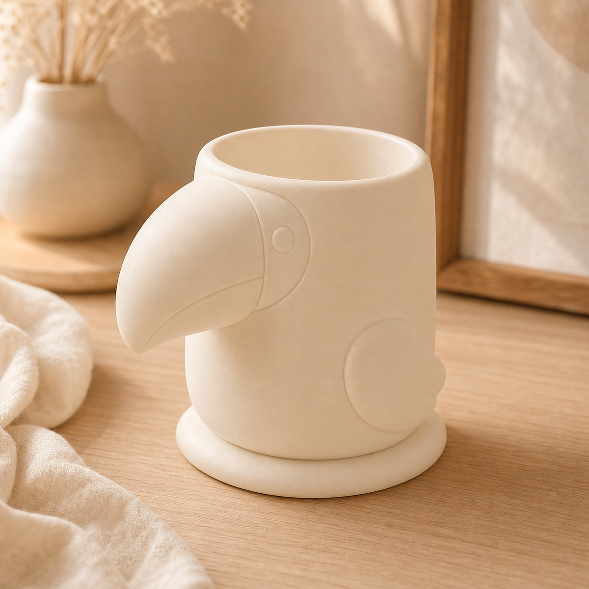Toucan Pencil Brush Cup, Pastel Desk Organizer, Tropical Vanity Decor Gift — Beige color variant
