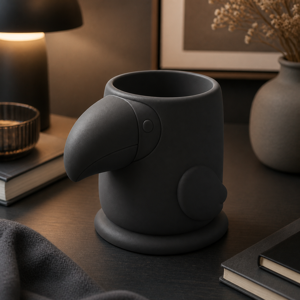 Toucan Pencil Brush Cup, Pastel Desk Organizer, Tropical Vanity Decor Gift — Black color variant