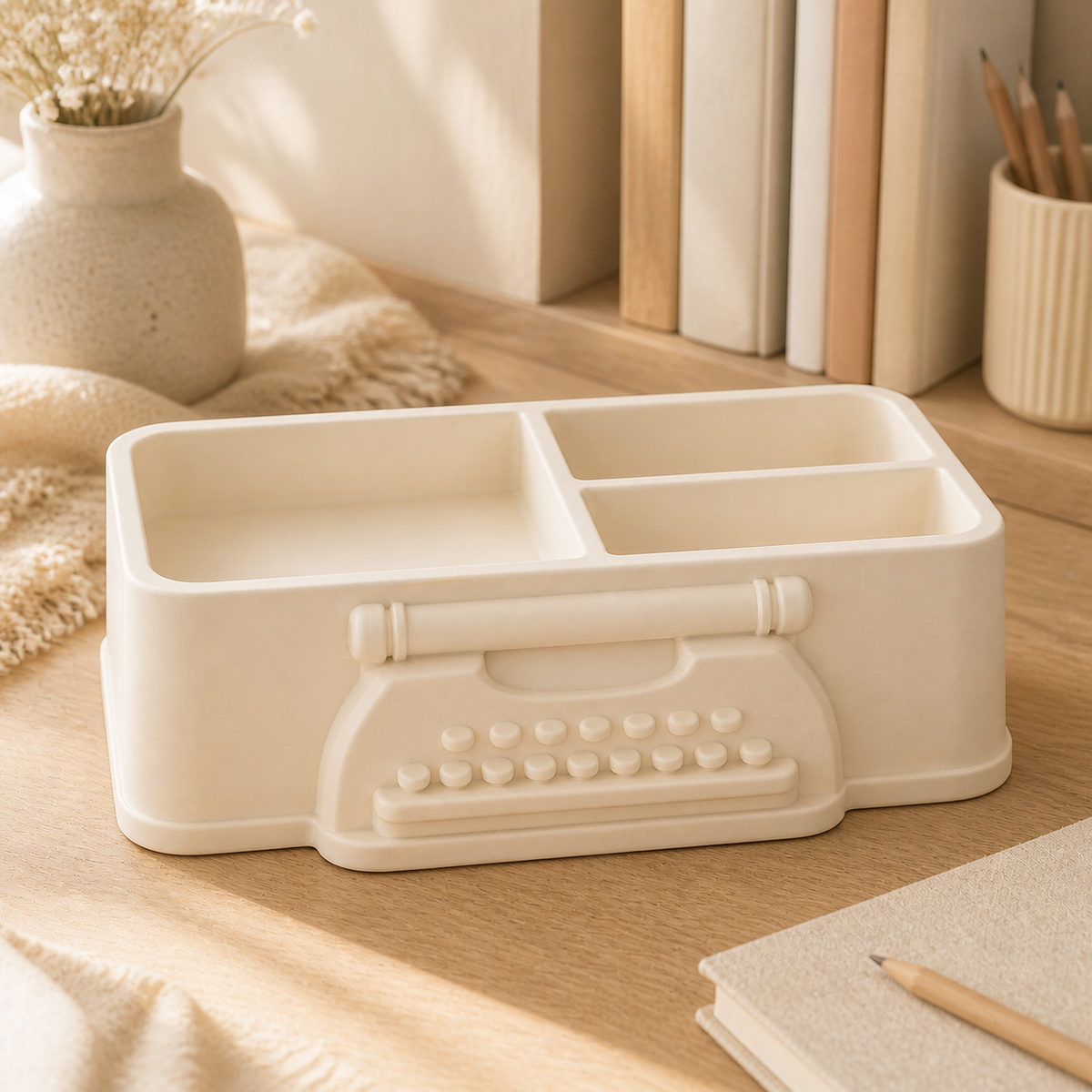 Typewriter Desk Organizer, Pastel Writing Desk Tray, Cute Office Room Decor — Beige color variant