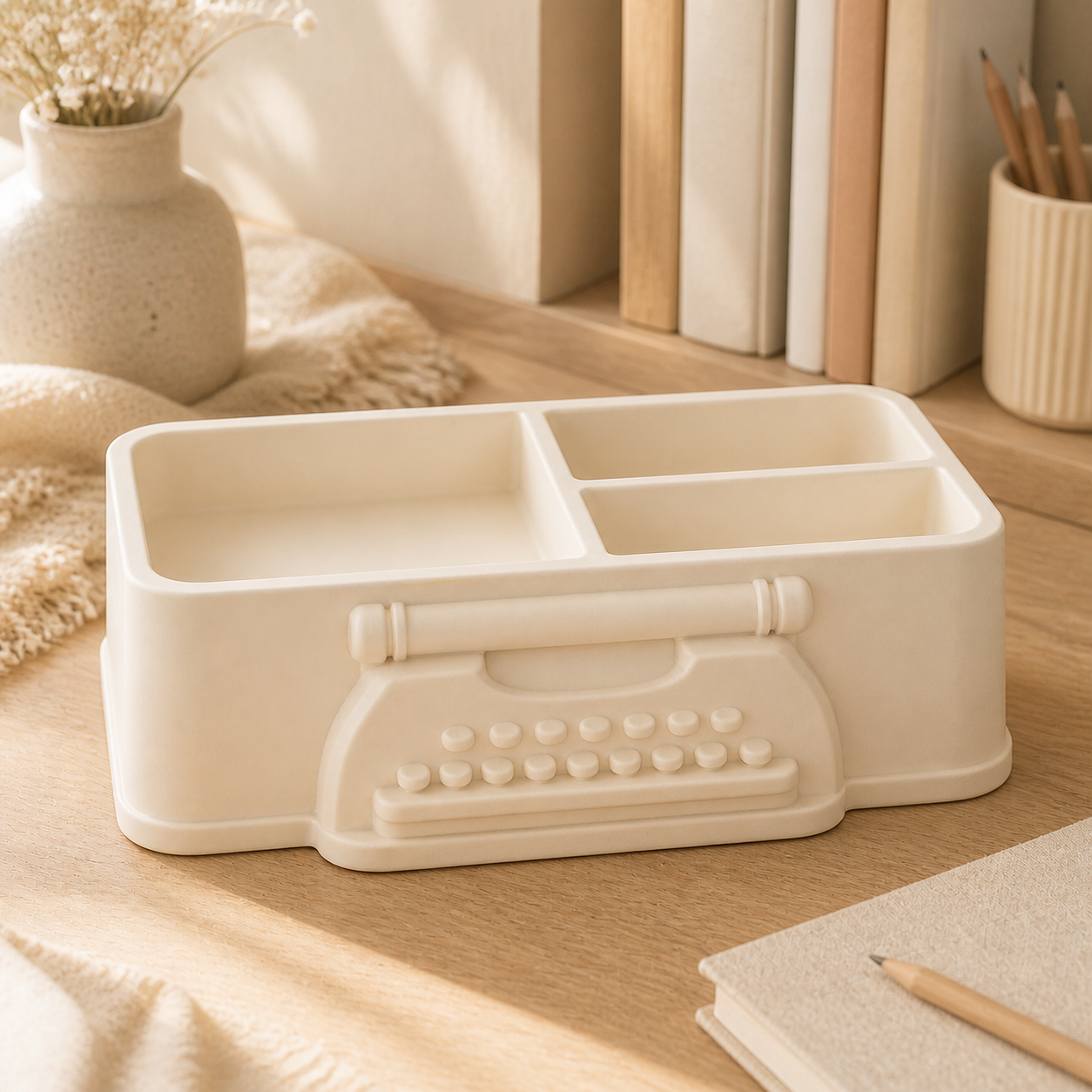 Typewriter Desk Organizer, Pastel Writing Desk Tray, Cute Office Room Decor — Beige color variant