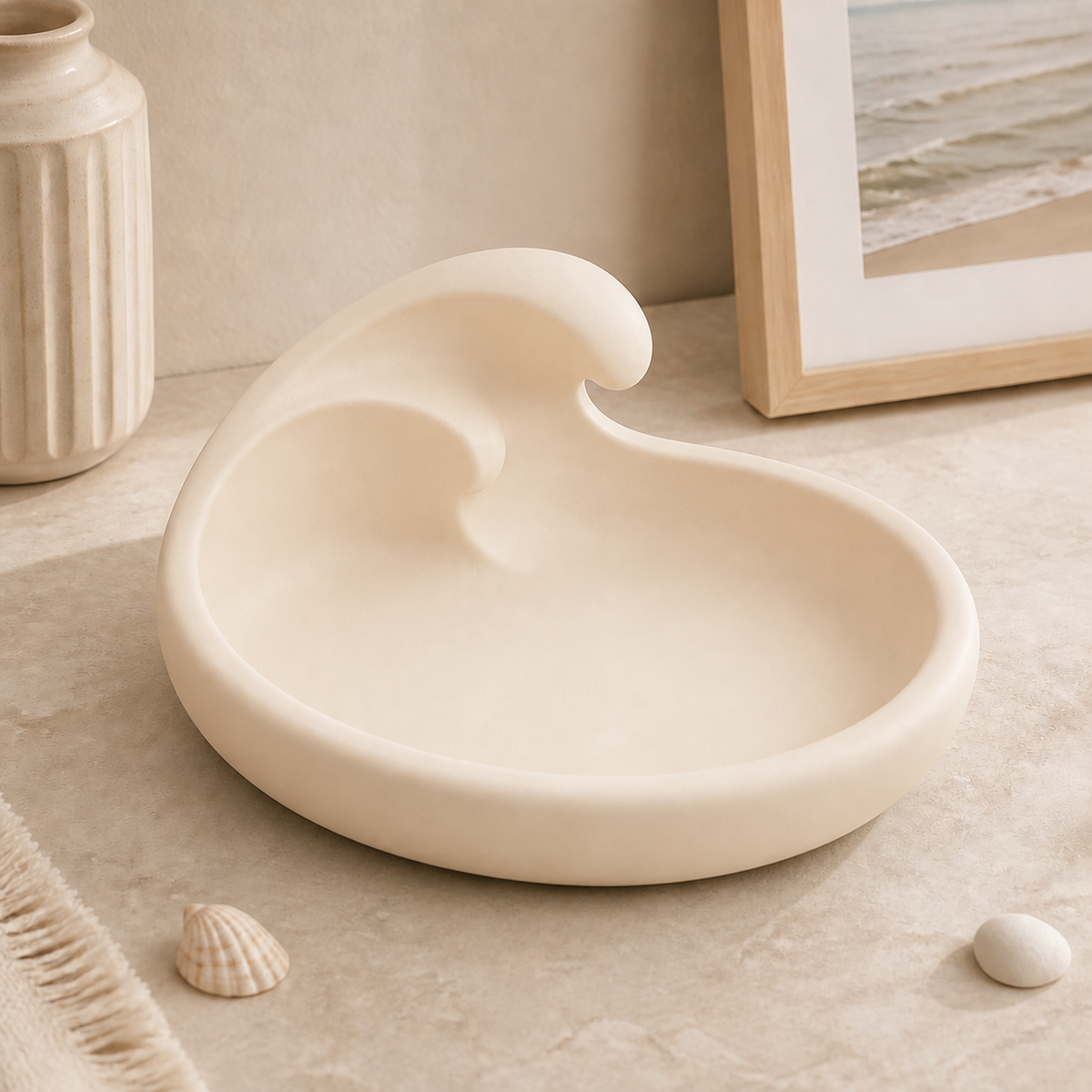 Wave Key Bowl, Ocean Catchall Dish, Pastel Entryway Tray, Beach Gift — Beige color variant
