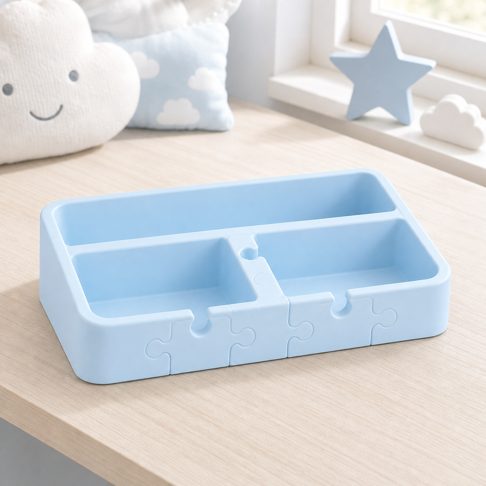 Puzzle Piece Desk Organizer, Pastel Divided Catchall, Cute Dorm Desk Decor — Blue color variant