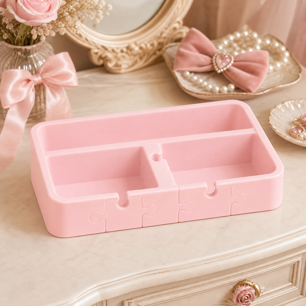 Puzzle Piece Desk Organizer, Pastel Divided Catchall, Cute Dorm Desk Decor — Pink color variant