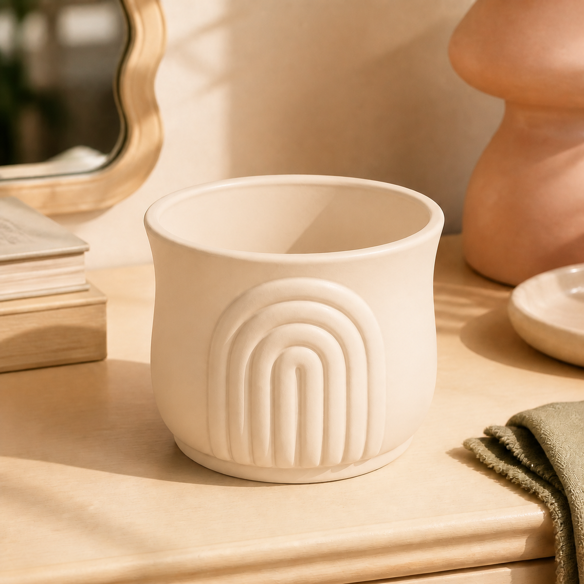 Retro Arch Decor Cachepot, Pastel Shelf Pot, Cute Vanity Desk Room Decor Gift — Beige color variant