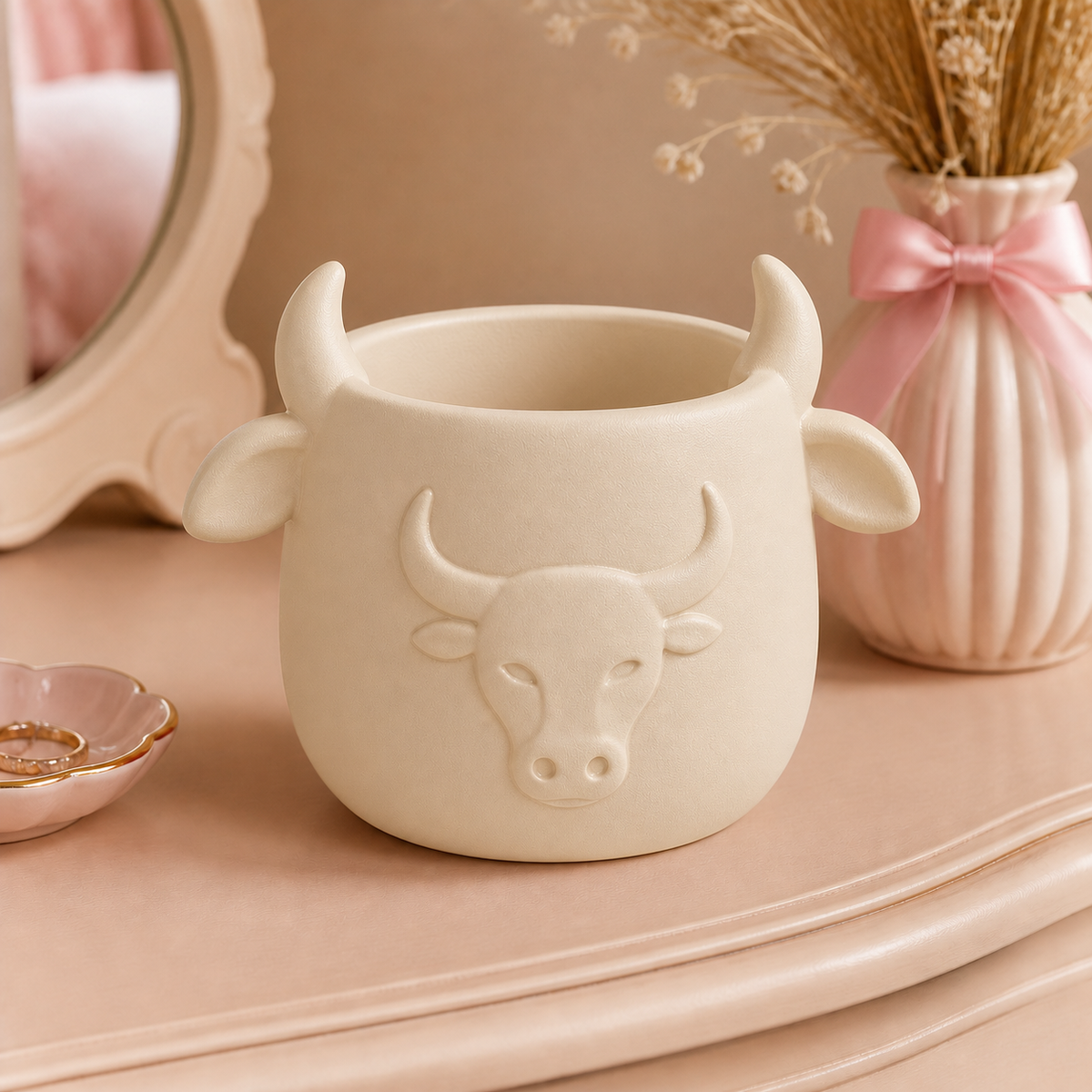 Taurus Bull Decor Cachepot, Pastel Zodiac Desk Cup — Beige color variant