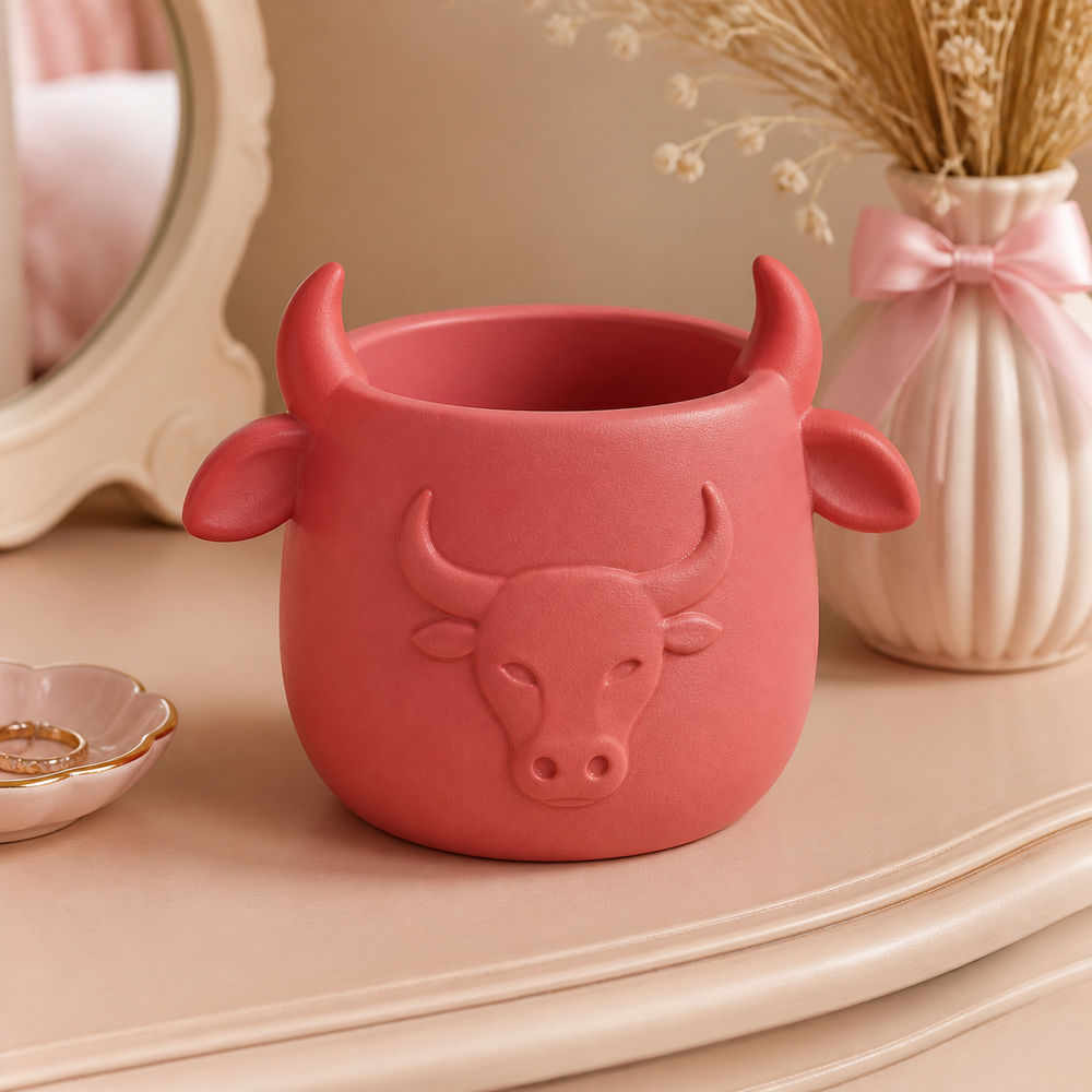 Taurus Bull Decor Cachepot, Pastel Zodiac Desk Cup — Red color variant