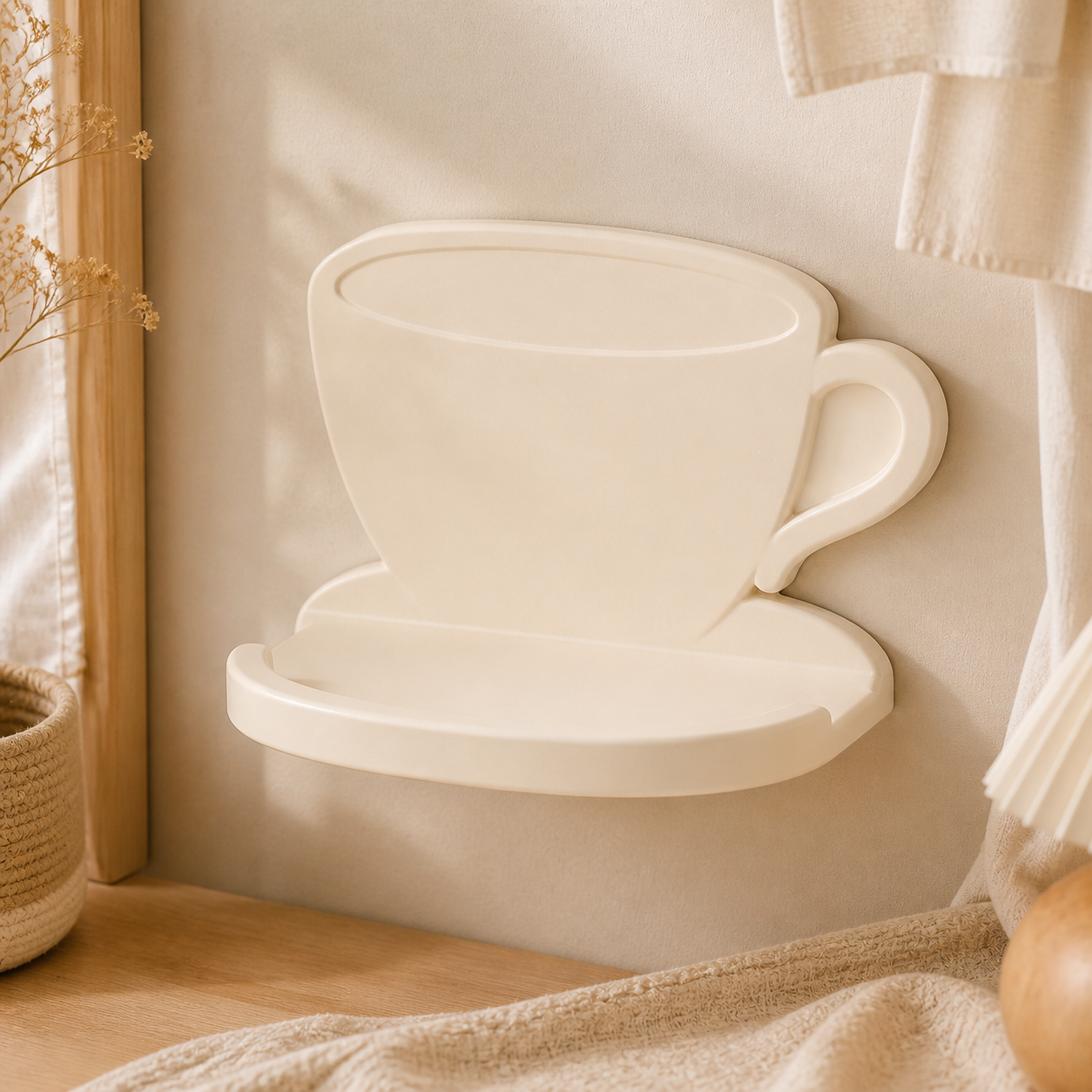 Teacup Mini Wall Ledge, Pastel Trinket Shelf, Cottagecore Cute Room Decor — Beige color variant