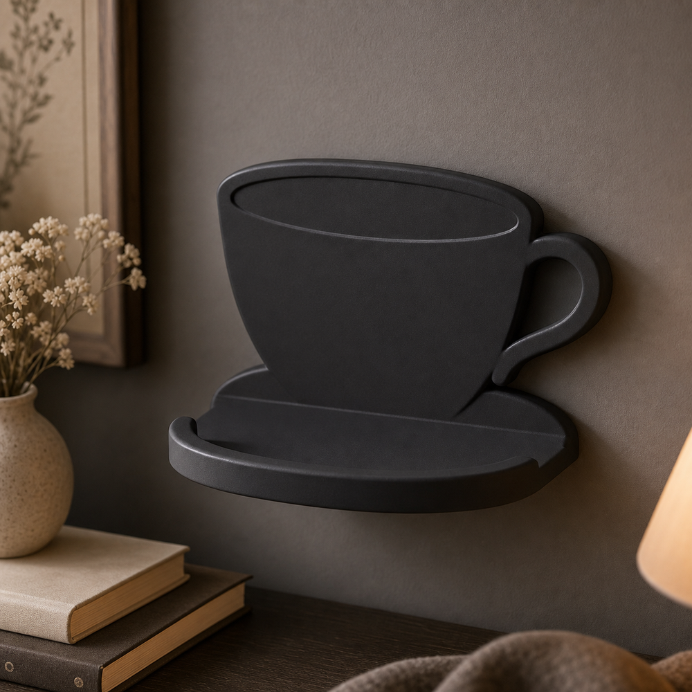 Teacup Mini Wall Ledge, Pastel Trinket Shelf, Cottagecore Cute Room Decor — Black color variant
