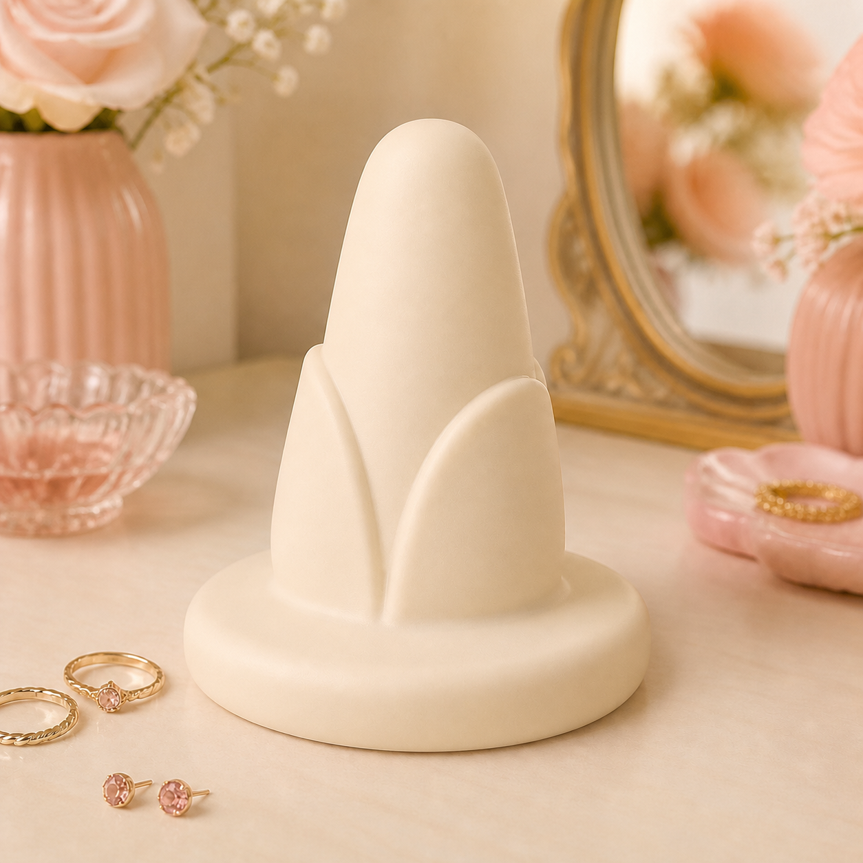 Tulip Jewelry Holder, Pastel Ring Cone, Floral Vanity Decor Gift for Rings — Beige color variant